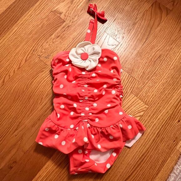Janie & Jack little girls coral polka dot bathing suit - Picture 3 of 4